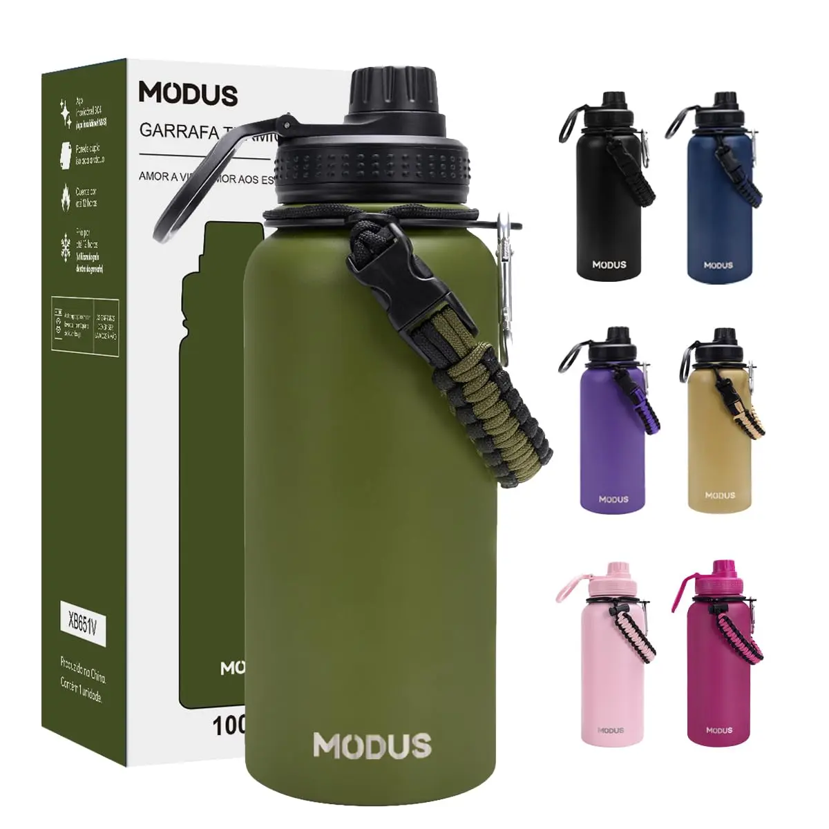 950mL Garrafa Térmica Aço Inoxidável Com Alça Paracord (Verde) - 1