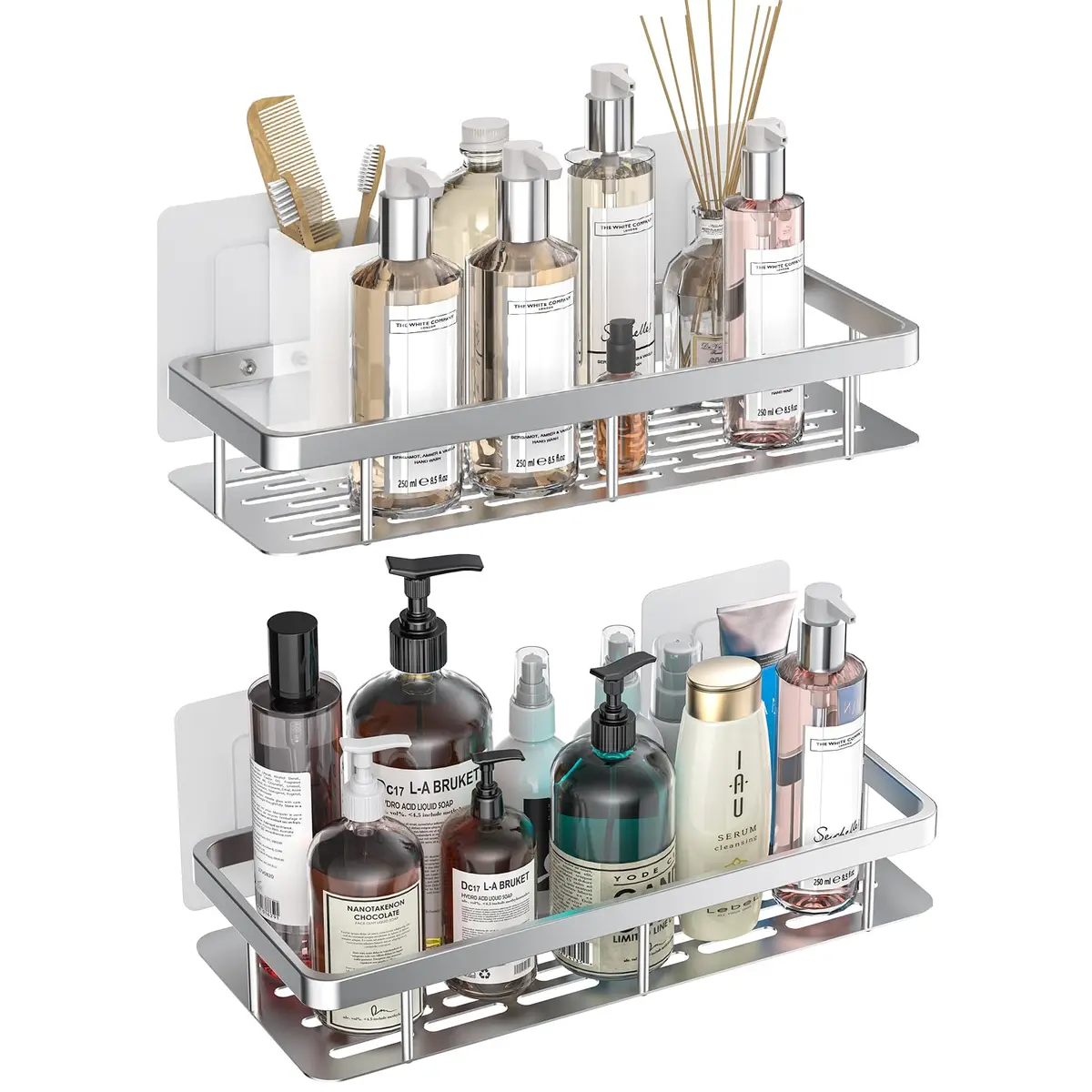 Trailabo Kit 2 Prateleiras Organizador de Parede para Banheiro, Suporte em Alumínio Prata, Moderno Minimalista - Suporte Shampoo e Acessórios - 1