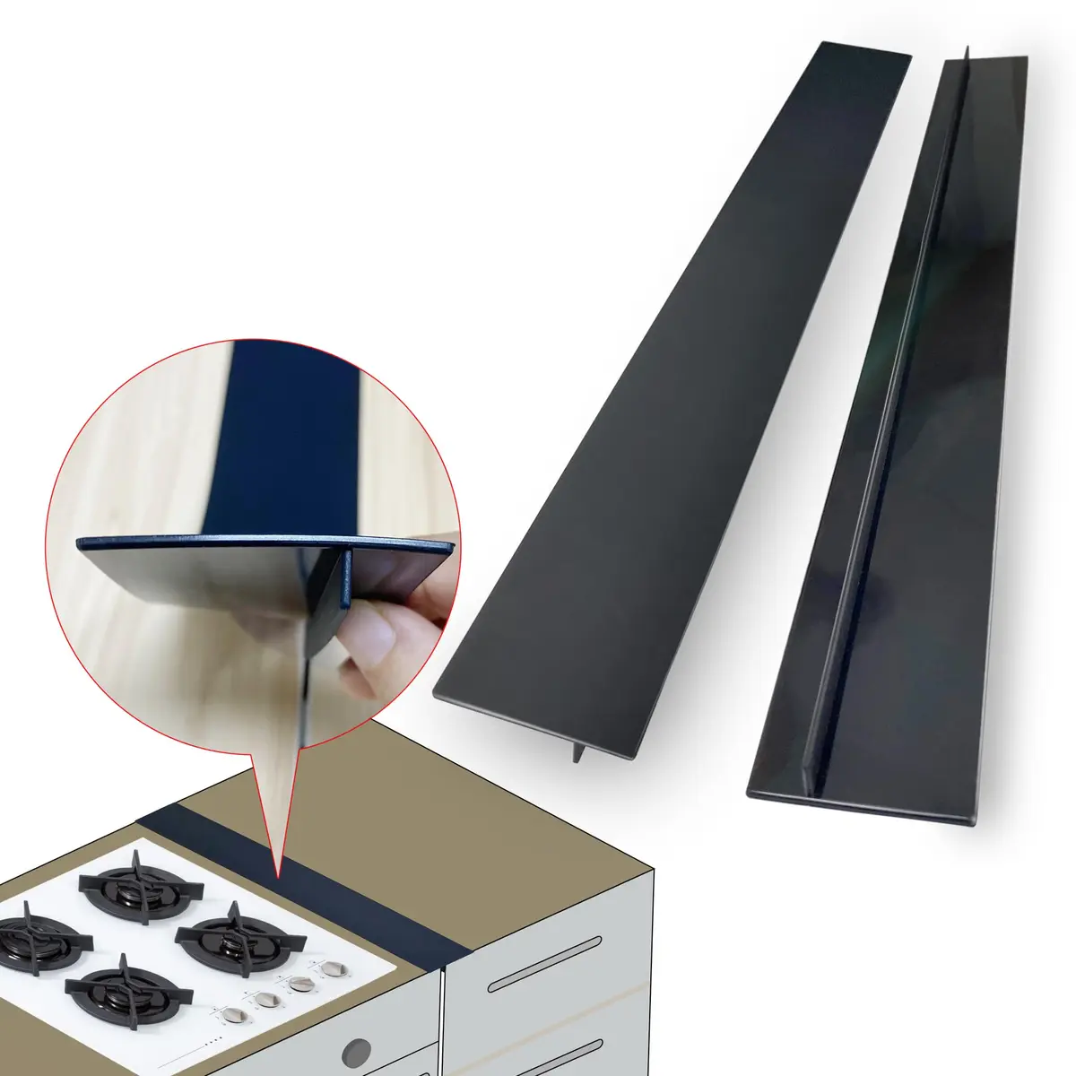 Donpearl Capas pretas de 76 cm para fogão (pacote com 2), enchimento de lacunas de silicone para fogão e balcão, protetores de lacunas laterais de borda do forno, tiras coletoras de migalhas de