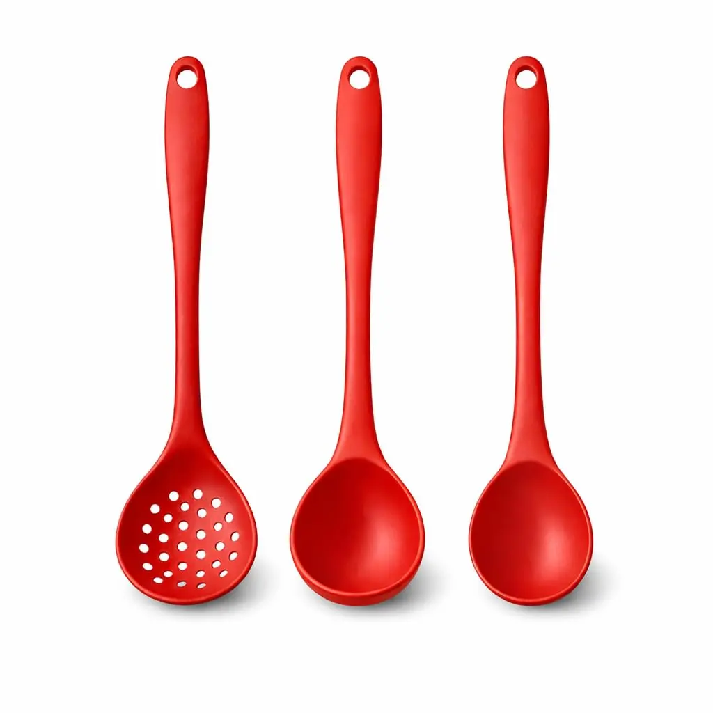 Kit Utensílios de Silicone 3 Peças – Concha, Colher e Escumadeira 27-29cm – Resistente ao Calor, Antiaderente, Flexível – Ideal para Cozinha - 1
