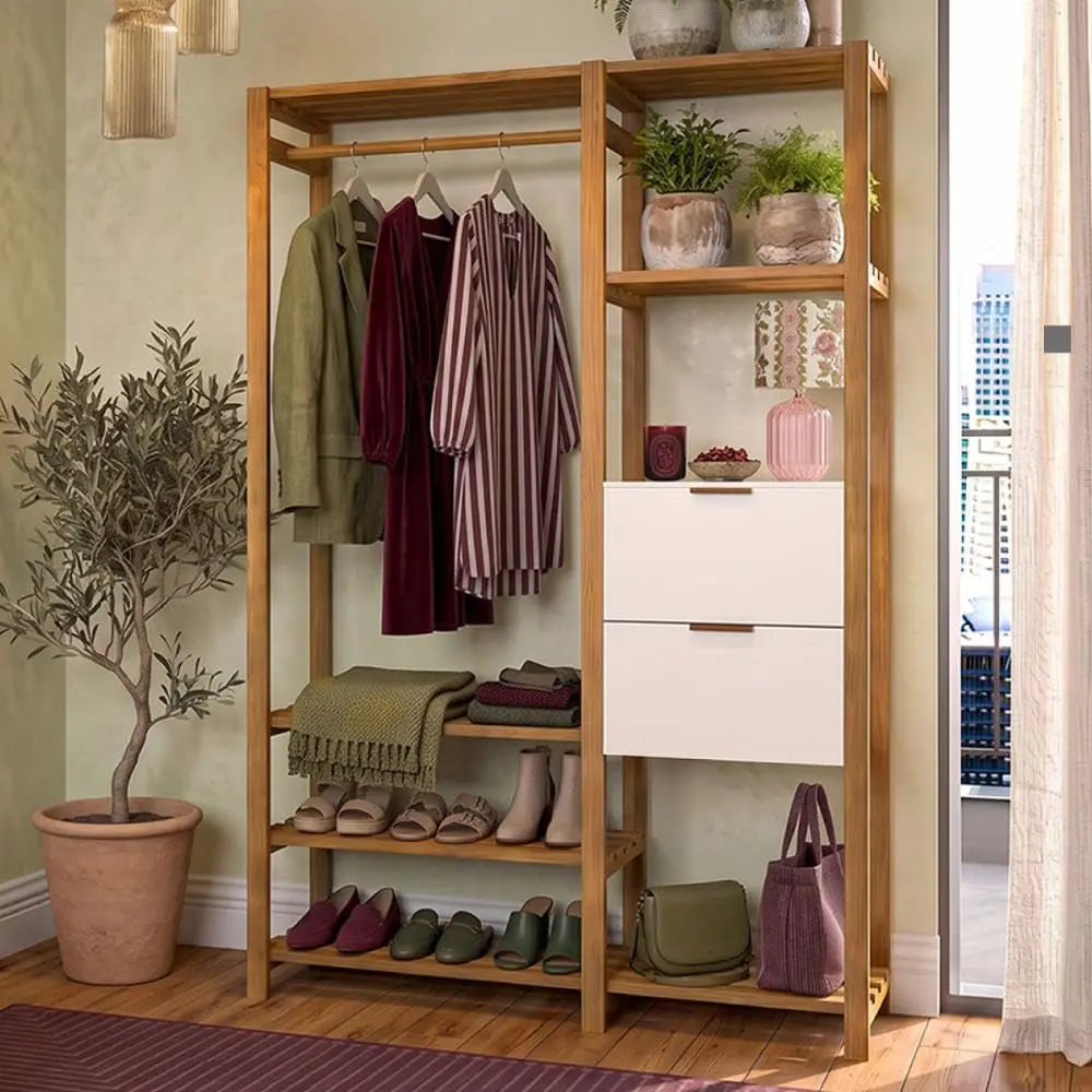 Noddo Estante Closet Aberto Arara Cabideiro Para Roupas | Madeira, Prateleiras - 1