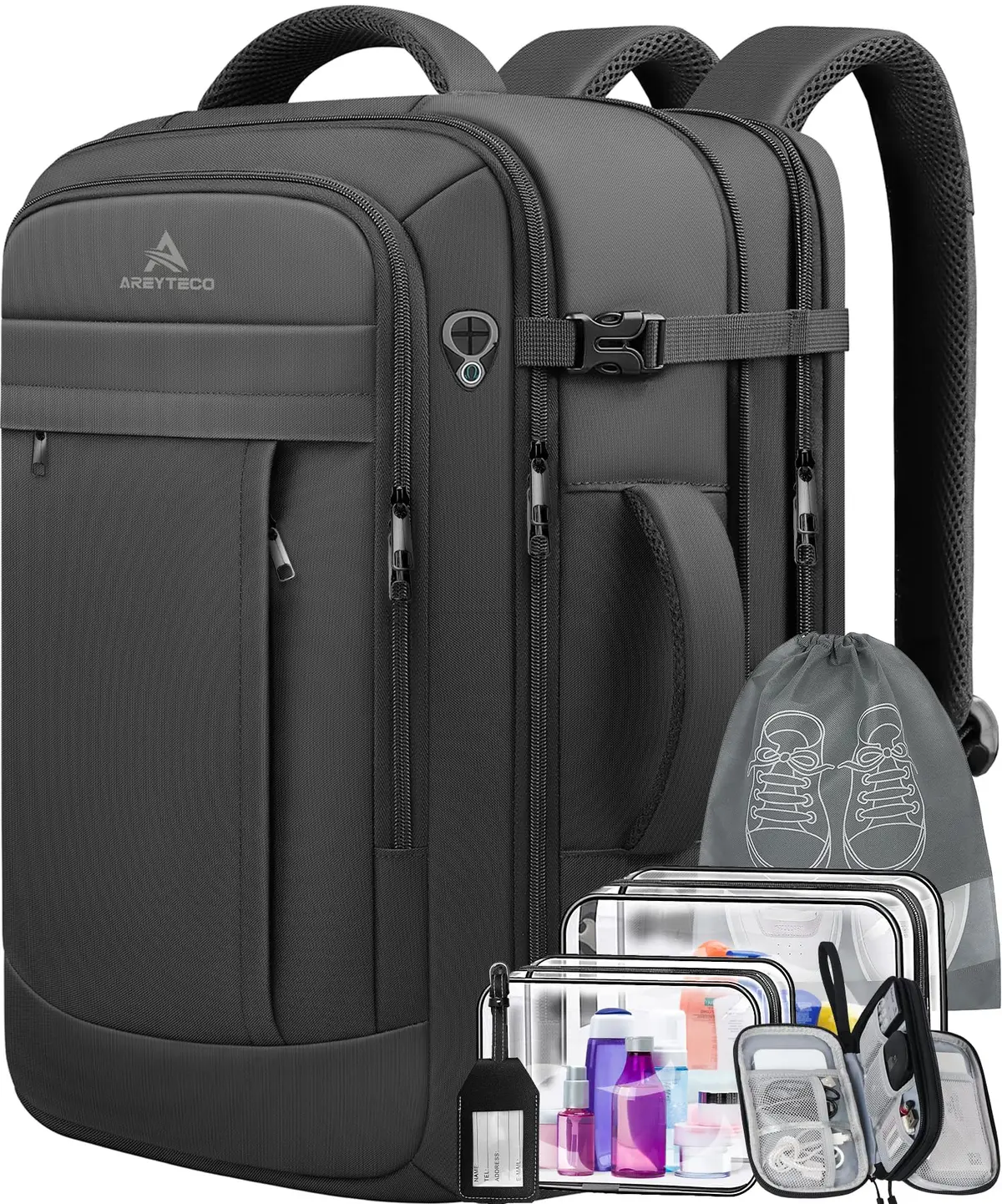 Travel Backpack, Carry On Backpack, 40L Expandable Airline Approved Extra Large Backpack, Water Resistant Business Luggage Suitcase Daypack Bag Fits 17 Inch Laptops, Travel Gifts for Men Women, Black