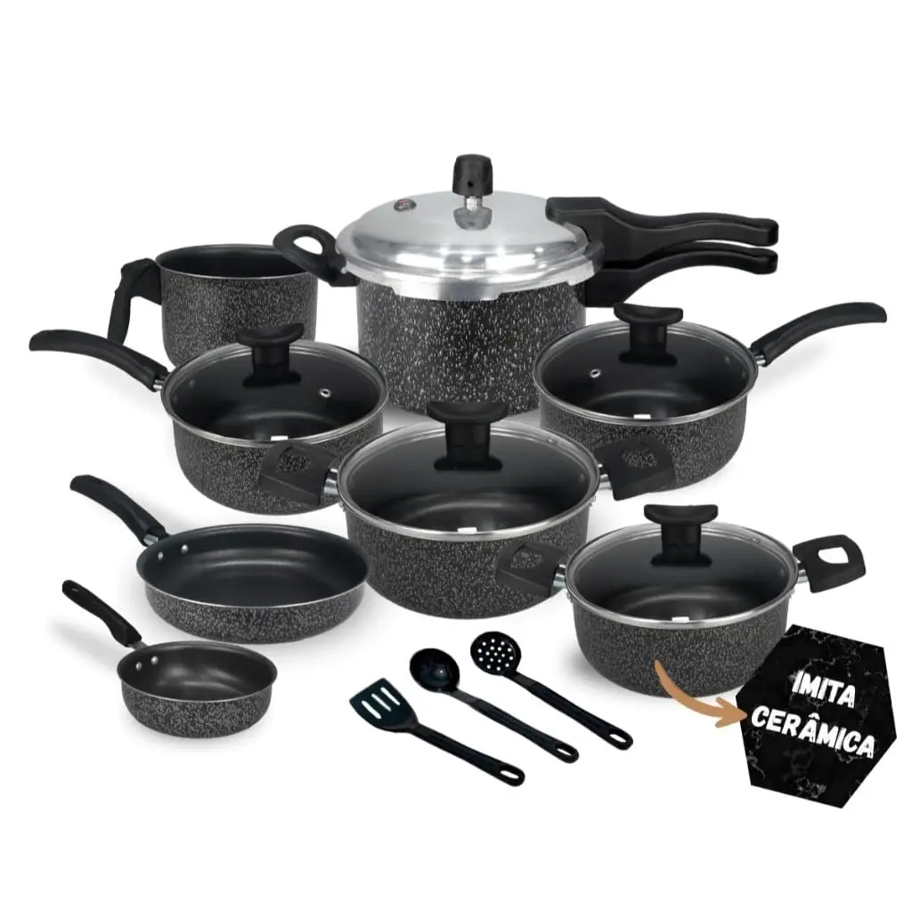 Jogo de Panelas Antiaderente, 11 Peças com Panela de Pressão 2.5L (Cerâmica Black)