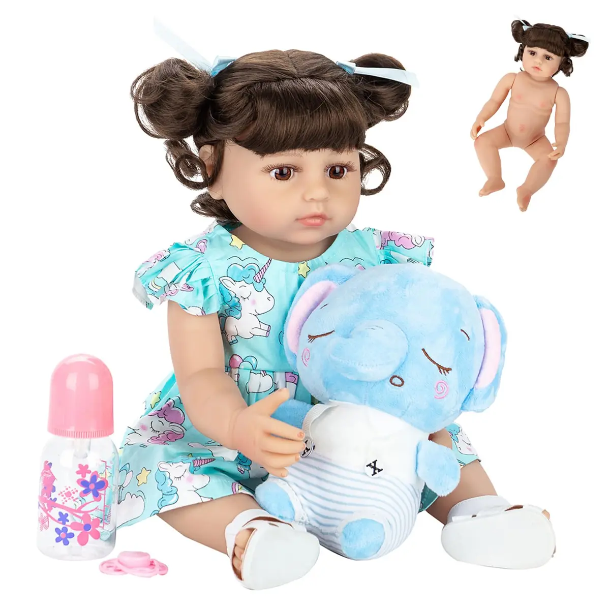 Bebê Reborn Menina Boneca de Silicone Original Olhos Castanhos 48cm Pode Dar Banho Criança Presente Elefante