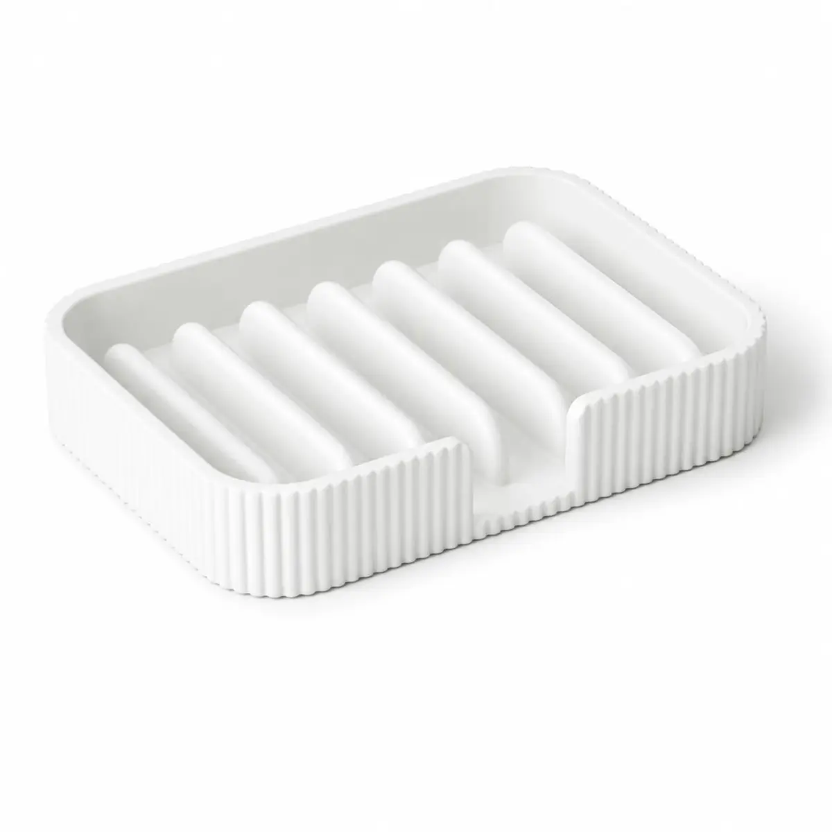 Saboneteira Minimalista com Drenagem para Banheiro, Lavabo e Sabão (Branco) | Design minimalista, apoio elevado e acabamento texturizado. Organiza pia, lavabo e banheiro com praticidade, beleza e estilo.