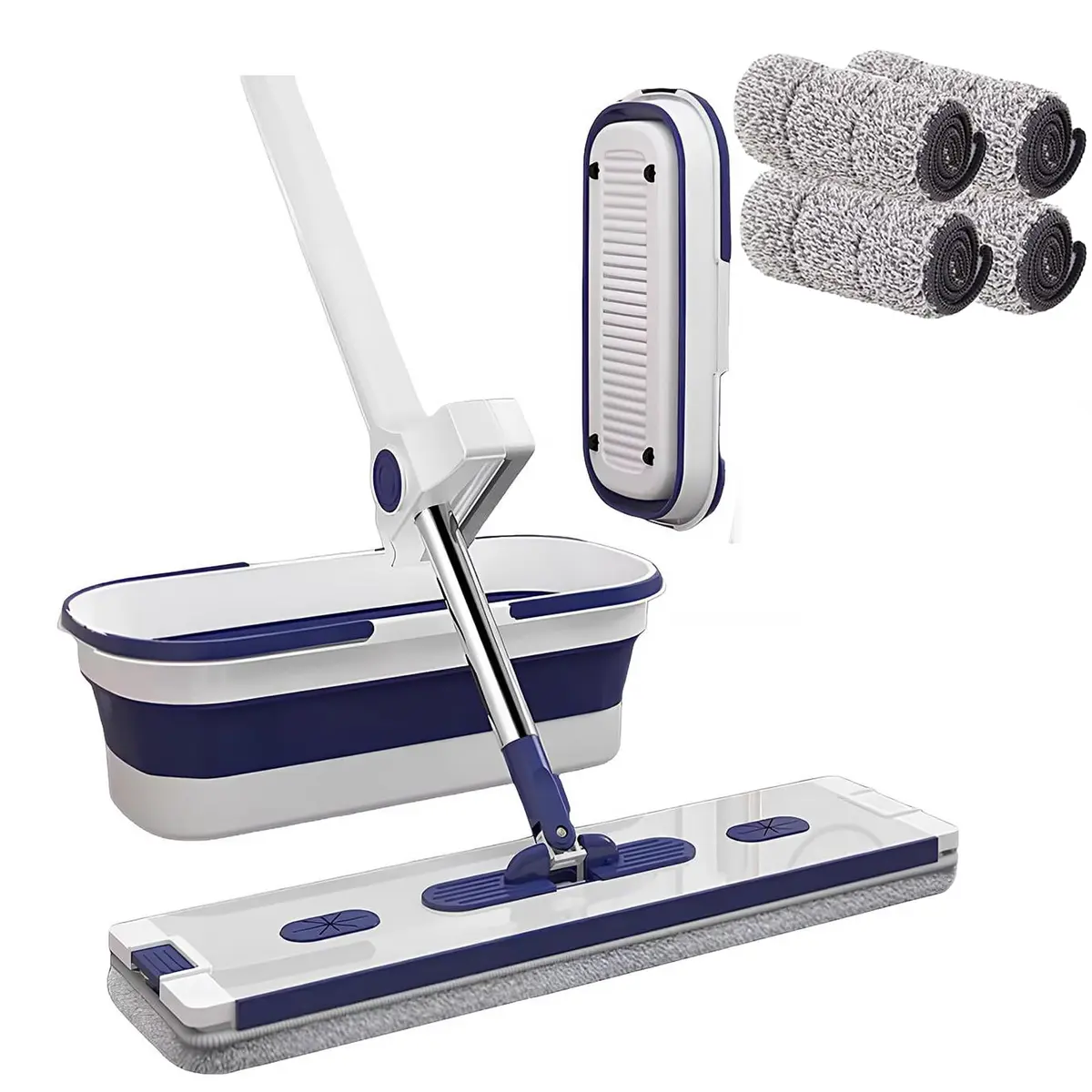 BEMMY Mop Plano 6 EM 1, Esfregão Plano Grande e Balde Dobrável, com 4 Almofadas de Microfibra Reutilizáveis para Seco e Molhado (1 Esfregão + 4 Almofadas + 1 Balde Dobrável)