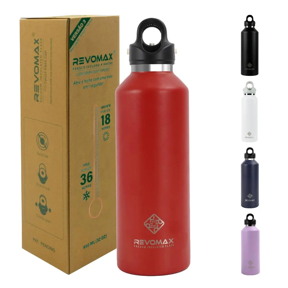 Revomax Garrafa Térmica Desportiva de Vácuo em Aço Inoxidável, Copos Portátil para Viagem 950ml (Vermelho) - 1