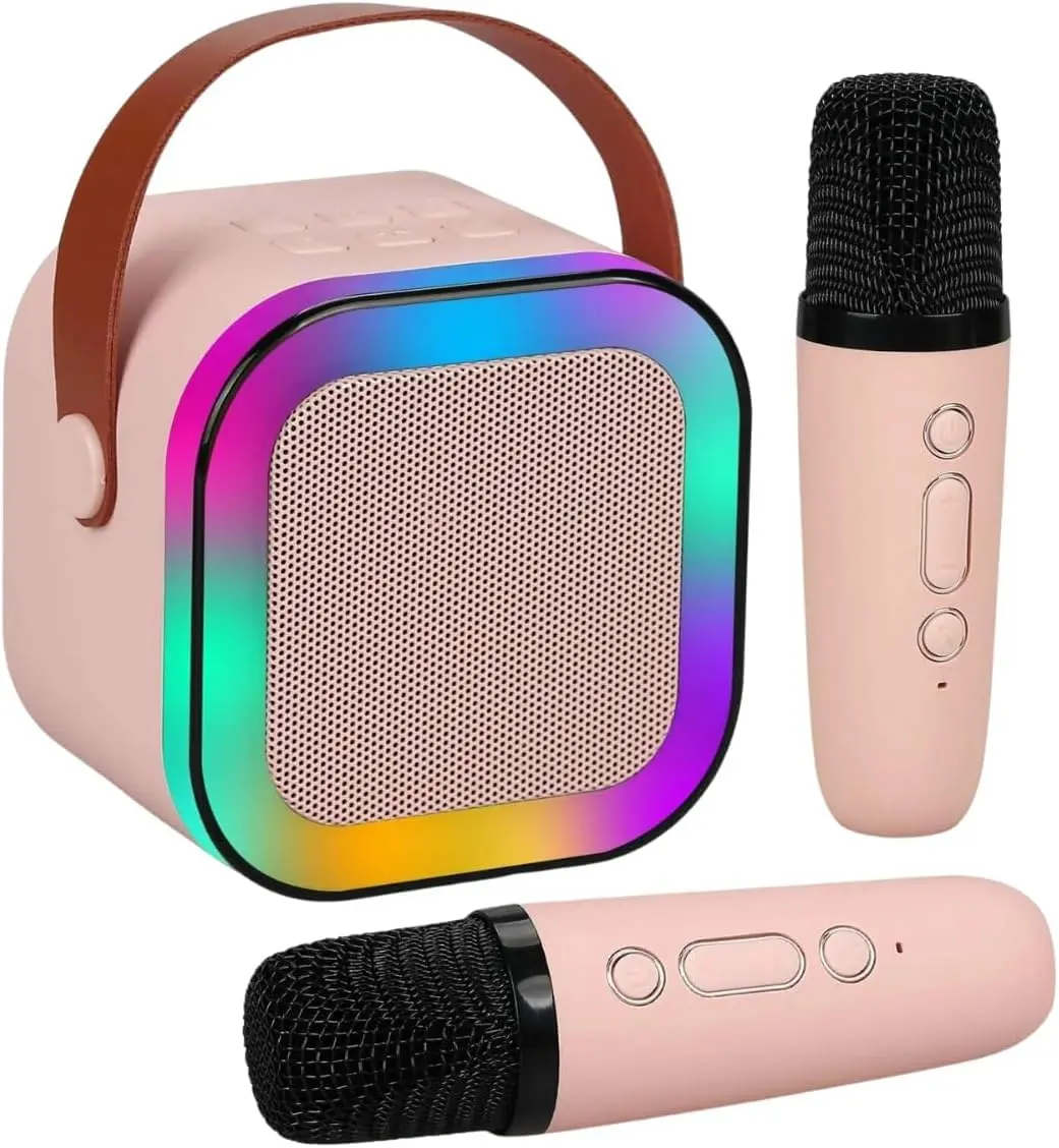 Kit de Karaokê Portátil com Alto-falante LED RGB, 2 Microfones sem Fio, Bluetooth, Rosa Recarregável e Modos de Voz Divertidos - Diversão Musical para Crianças e Adultos! D7 Store (ROSA)