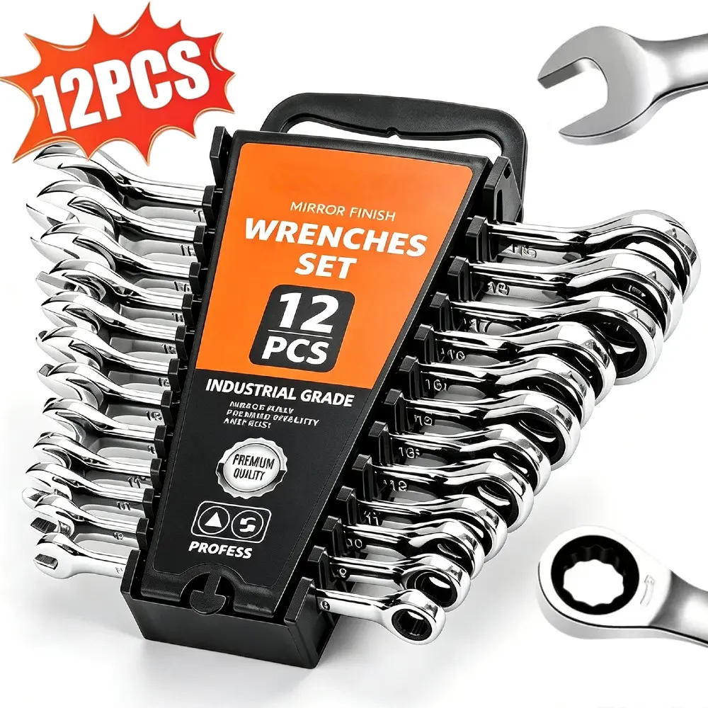 Kit 12 Chaves Combinadas com Catraca Aço Cromo Vanádio Placado Espelho Resistente, 6mm a 19mm para Oficina Mecânica - 1
