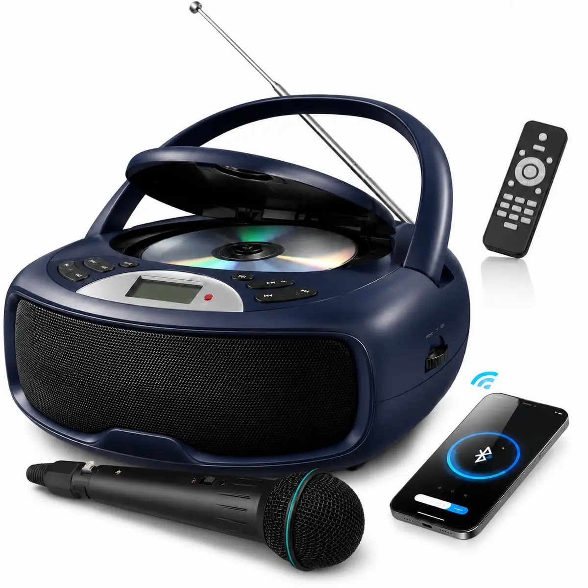 Gavzrt Player de CD Portátil com Microfone e Rádio AM/FM, Entrada para Microfone e Controle Remoto - Mini System Toca CD com Múltiplos Modos de Reprodução