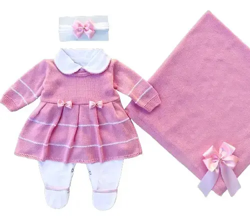 Saída De Maternidade Em Tricô Rosa Bebê Rosa 0 A 3 Meses thumbnail 2