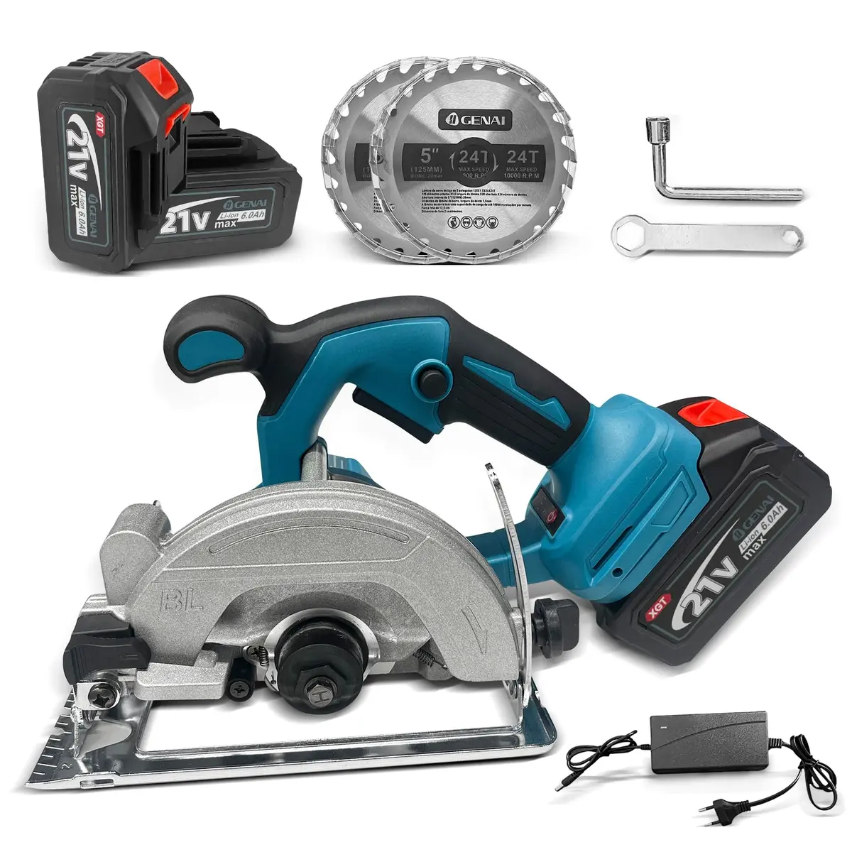 IIGENAI Serra Circular Elétrica sem Fio 21V, 7500 RPM, Corte 0-45°, 51mm, com 2 Baterias 6.0Ah e 2 Discos 5 Inch - 1
