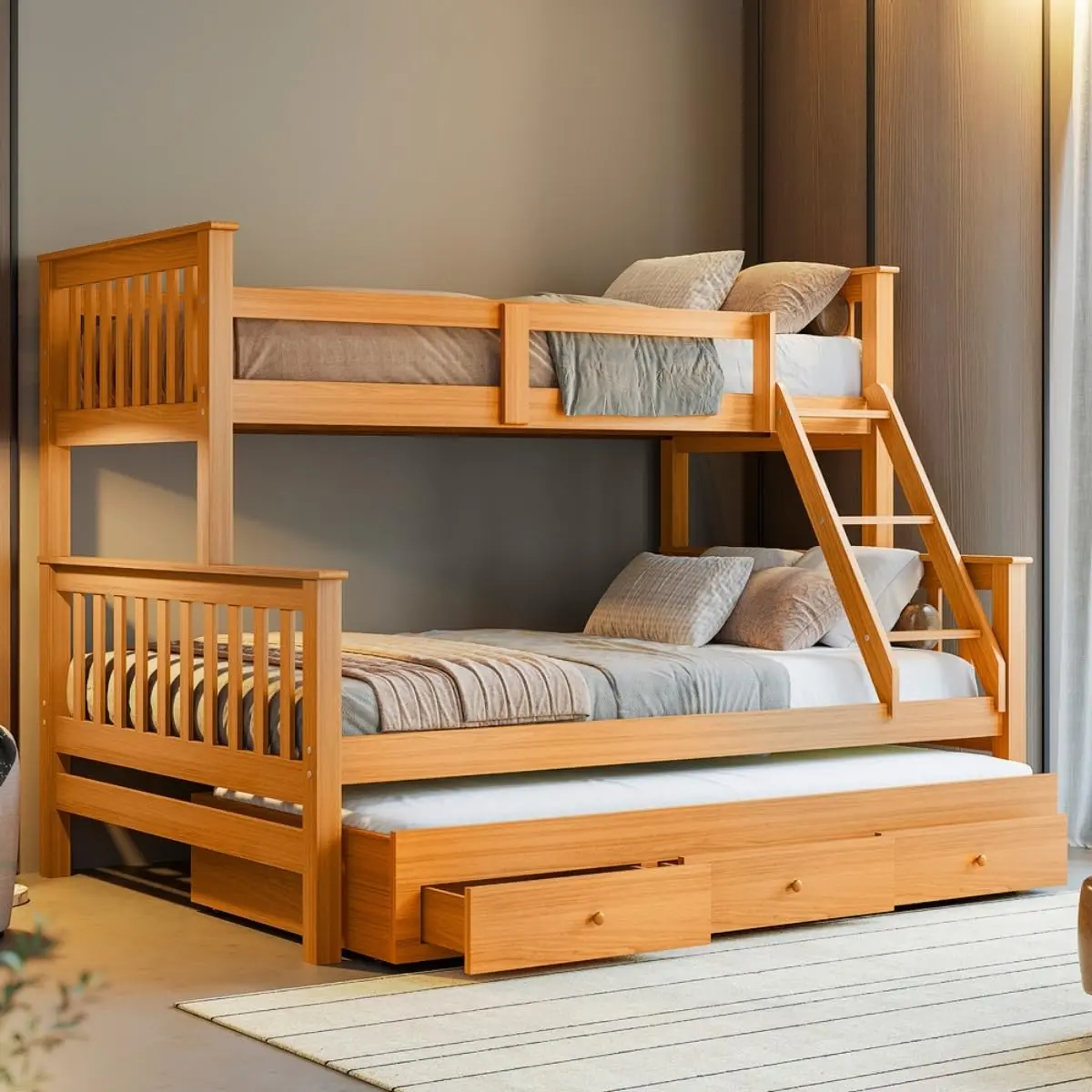 Treliche Com Cama Casal Madeira Maciça e Aux Solteiro Com Gavetas Woodstore (Mel) - 1