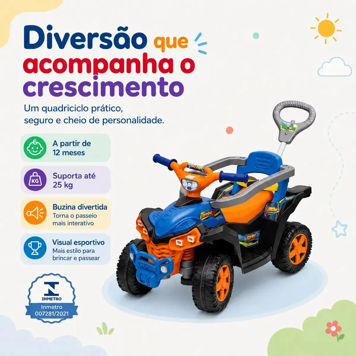 Carrinho De Passeio Wheels Quadriciclo Infantil Andador Empurrador Maral Baby Quad Laranja thumbnail 5