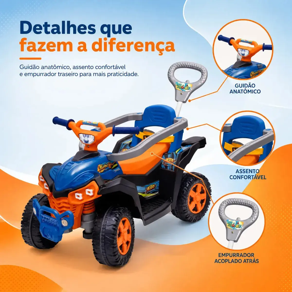 Carrinho De Passeio Wheels Quadriciclo Infantil Andador Empurrador Maral Baby Quad Laranja thumbnail 7