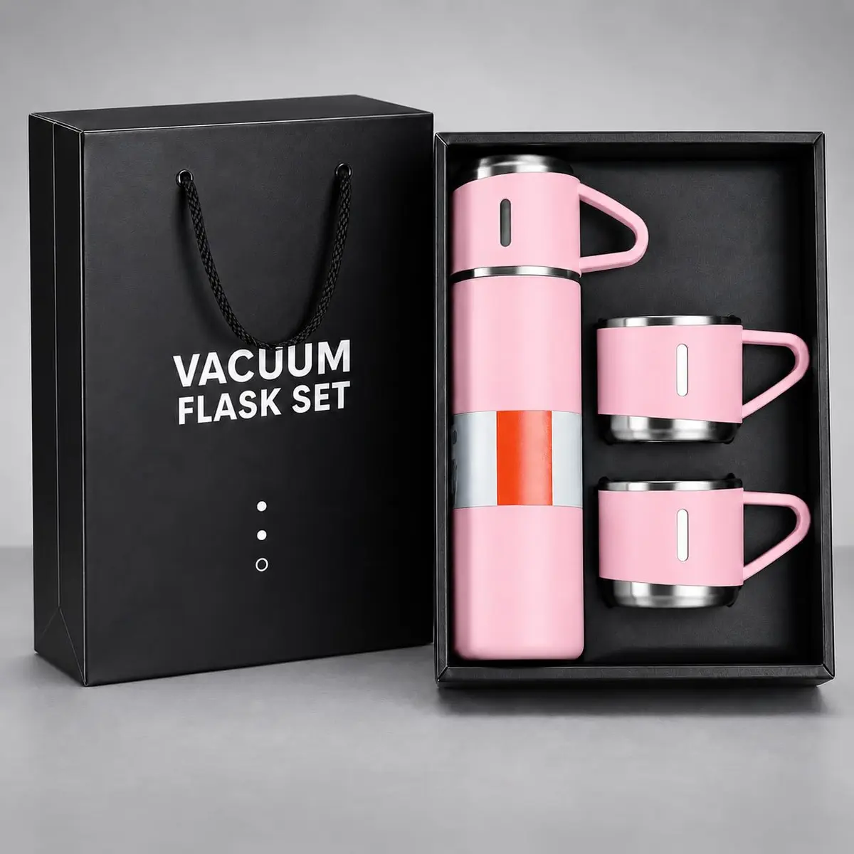 Kit Garrafa Térmica inox 500ml com 3 Canecas - Rosa | Parede Dupla Térmica