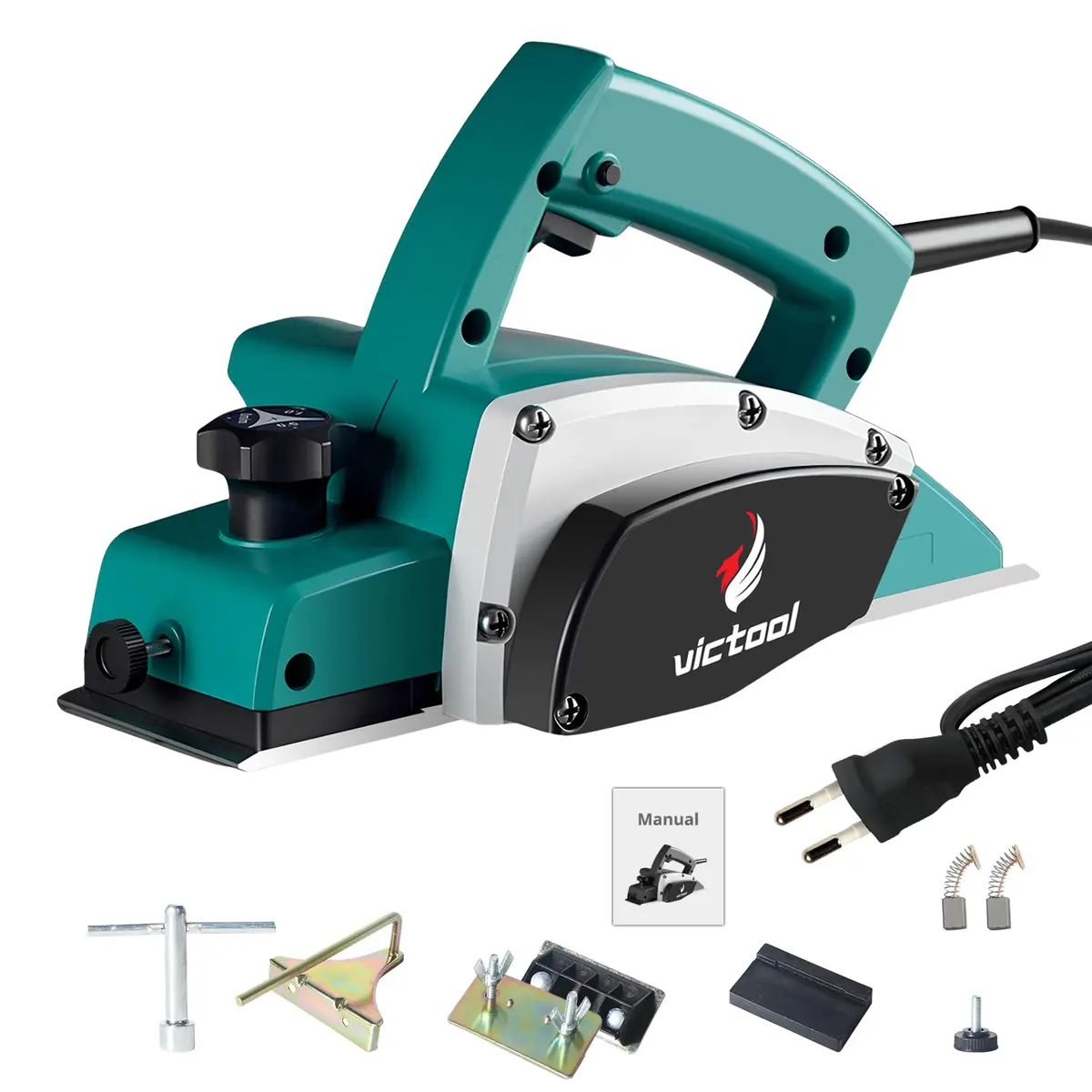 VICTOOL Plaina Elétrica 1000W Lamina Dupla, 220V Frequência, 16000 rpm, Ferramenta portátil com fio para madeira, Profundidade de corte ajustável, 2 lâminas, chanfro de madeira, acabamento liso e DIY