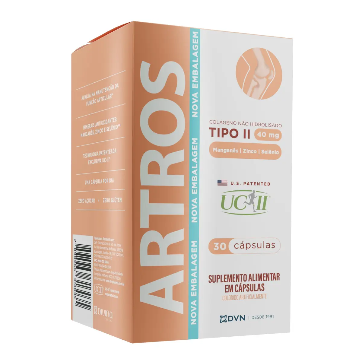 Colágeno Tipo 2, 40mg, Artros, DPRO - 30 Cápsulas | Colágeno tipo II não hidrolisado 40mg, com manganês, zinco e selênio, sem lactose e glúten, apoio às articulações