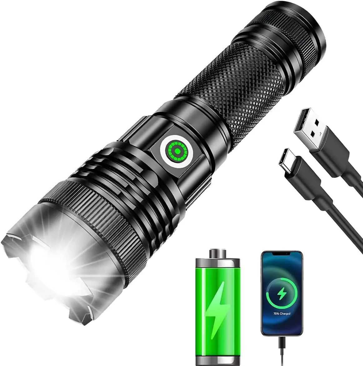 Lanterna Tática LED Recarregável USB-C com Zoom Ajustável | Alta potência, foco ajustável e função power bank. Ideal para camping, pesca, carro, trilhas e emergências.