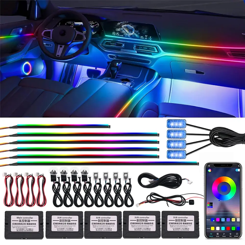 18 em 1 64 cores rgb sinfonia carro luz ambiente interior guia acrílico led luz de tira decoração atmosfera lâmpada por controle app - 1