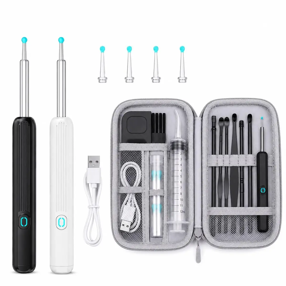 Aparelho de Visualização Auricular com Câmera HD 1080p, 8 Peças, 6 LEDs, WiFi, APP, Silicone Macio, À Prova d'Água, Portátil, iOS/Android– Bateria Recarregável (Preto) - 1
