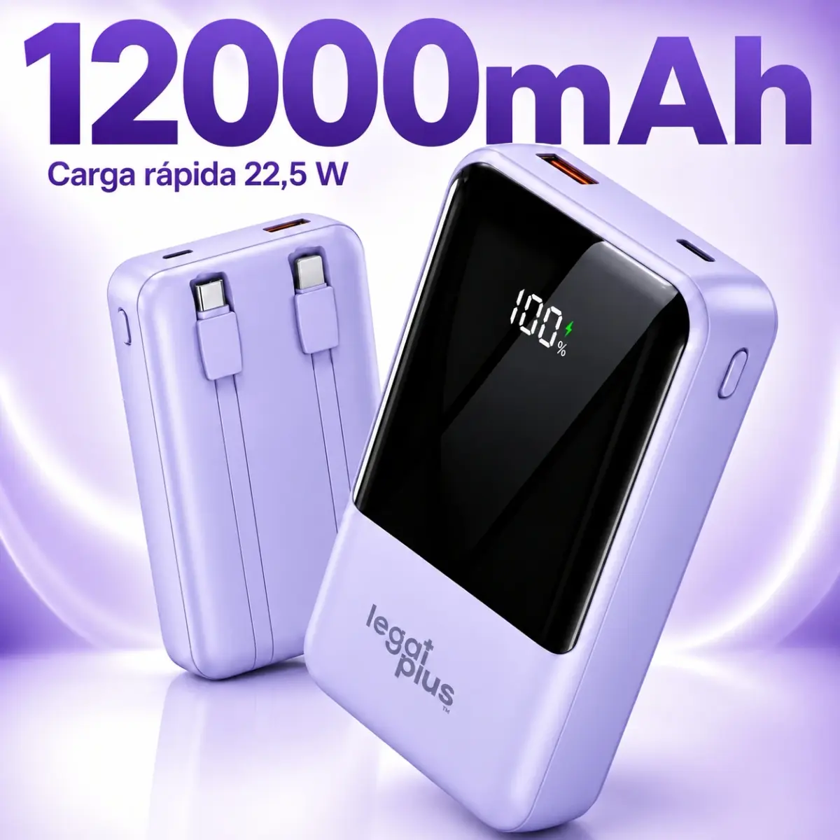 Power Bank 12000mAh Com 2 Cabos Integrados Display Digital Carga Rápida PD 22.5W Para Celular