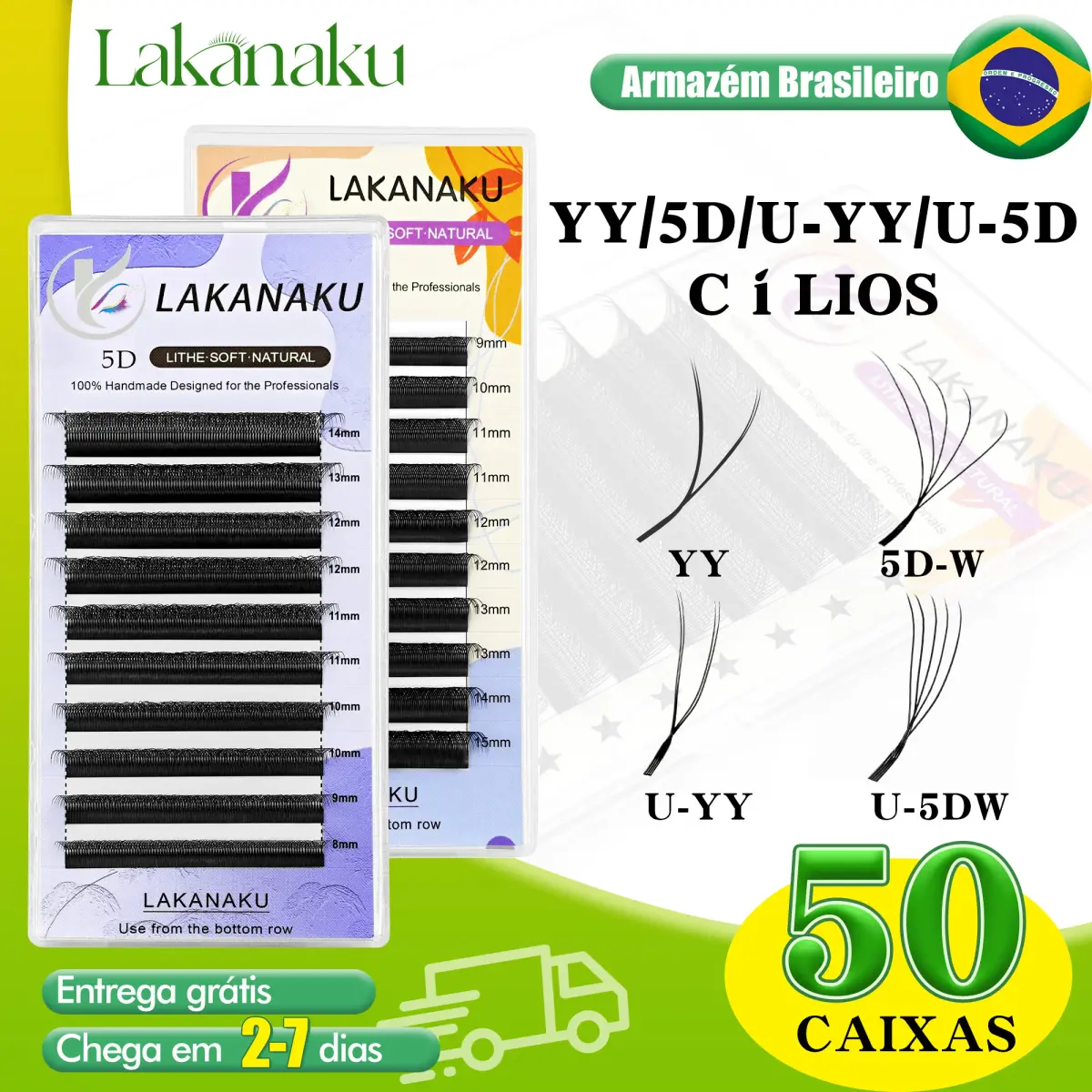 LAKANAKU 50PCS Extensões de Cílios em Formato W, U, YY, 5DW, Cílios Florais, Leques de Volume Pré-fabricados Individuais Suaves e Rápidos