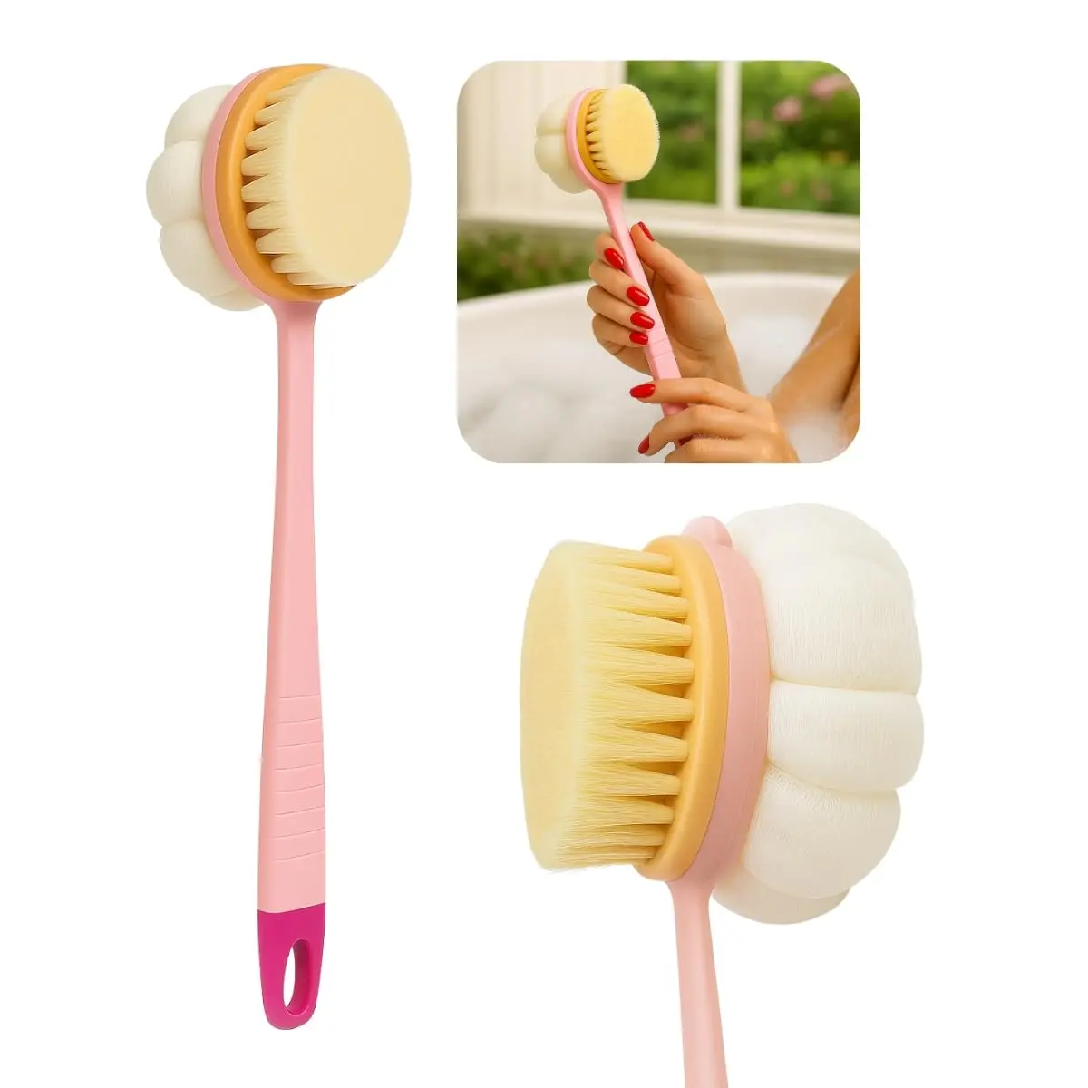 Kit Escova e Bucha de Banho Dupla Face, Cabo Longo 35cm, Anatômico, Cerdas e Esponja, Massageador Corporal, Rosa Suave