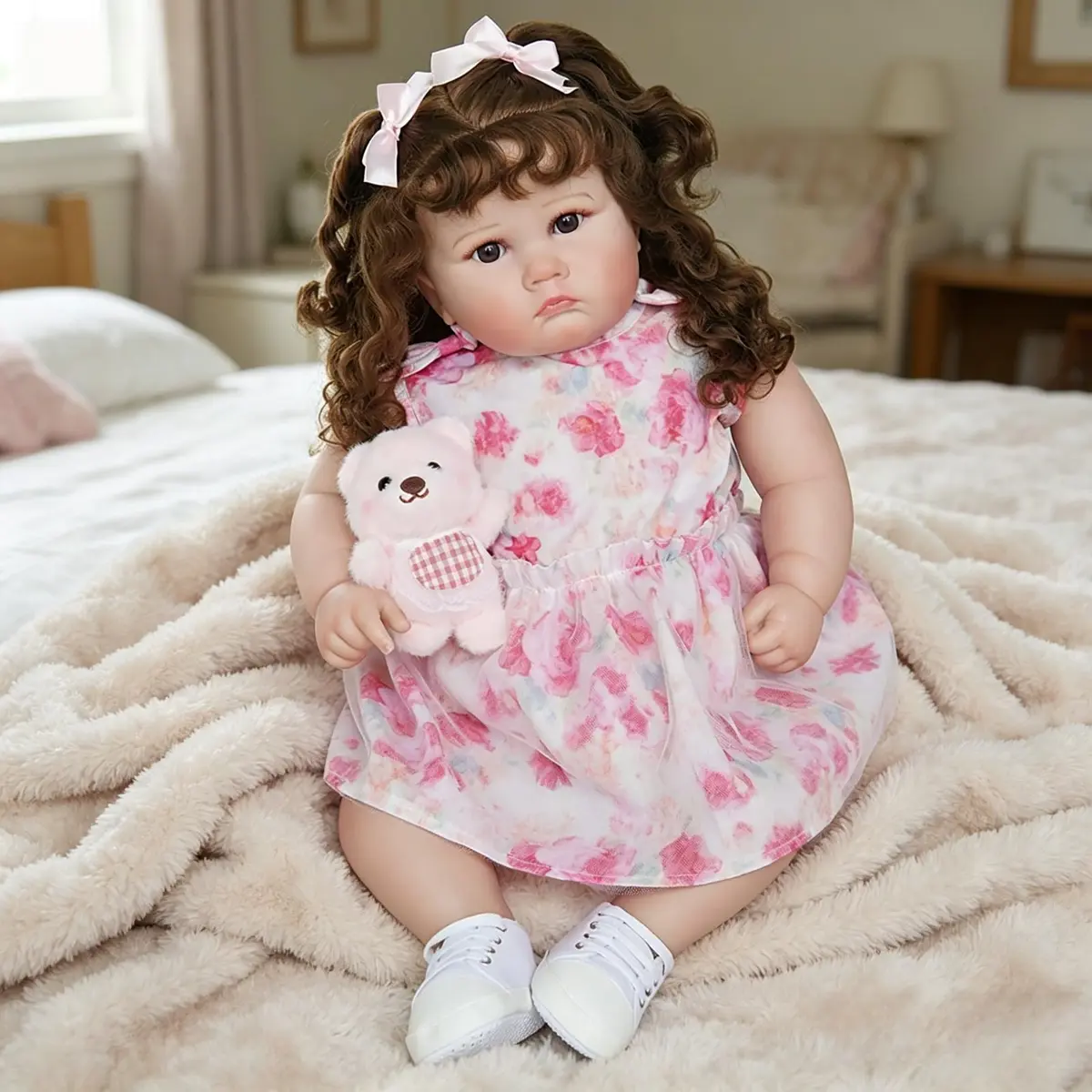 Bebê Reborn Boneca Corpo de Pano Menina Olhos Castanhos 60cm | Grandes Boneca Realista Cabelo Implantado Original Pintada Corpo