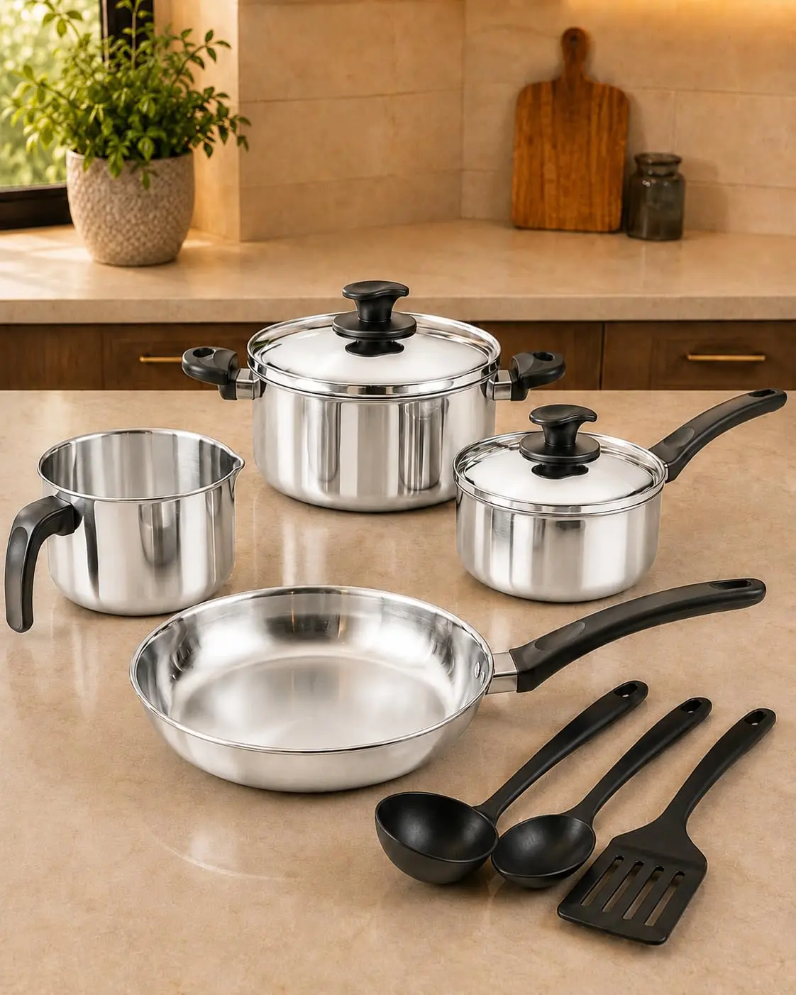 Kit Jogo de Panelas Alumínio Polido 4 Peças com Tampas, Frigideira, Caçarola, Panela, Caneco e 3 Utensílios Pretos para Cozinha
