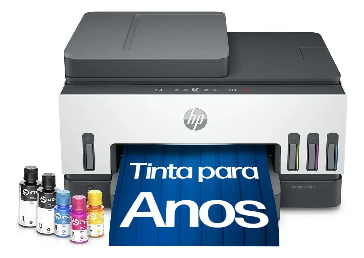 Impressora Multifuncional HP Smart Tank 794 Tanque de Tinta Colorida Wi-Fi Scanner Duplex, Bluetooth. Funções: Imprimir, Copiar, Digitalizar. Cor: Branco (2G9Q9A)