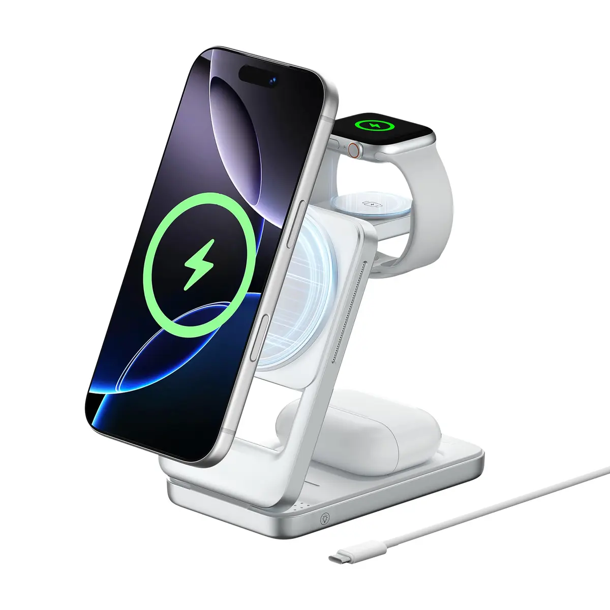 Basike Carregador indução 3 em 1 Magnético Dobrável Portátil, Luz Noturna | Carregador Sem Fio, Compatível com MagSafe, iPhone 17/16/15/14/13/12, Apple Watch e AirPod (Prata)