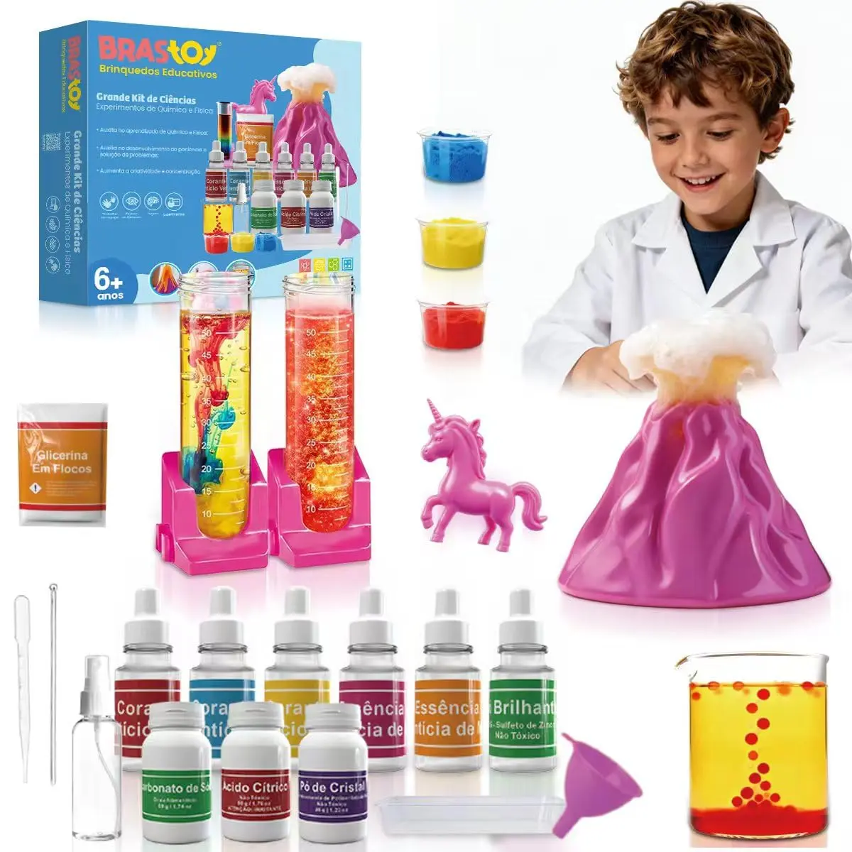 Kit Experimentos Ciência STEM Educacional Infantil Mais de 50+ Combinações de Química, Brinquedo Didático Presente Criança (Vulcão Rosa 50+ Experimentos)