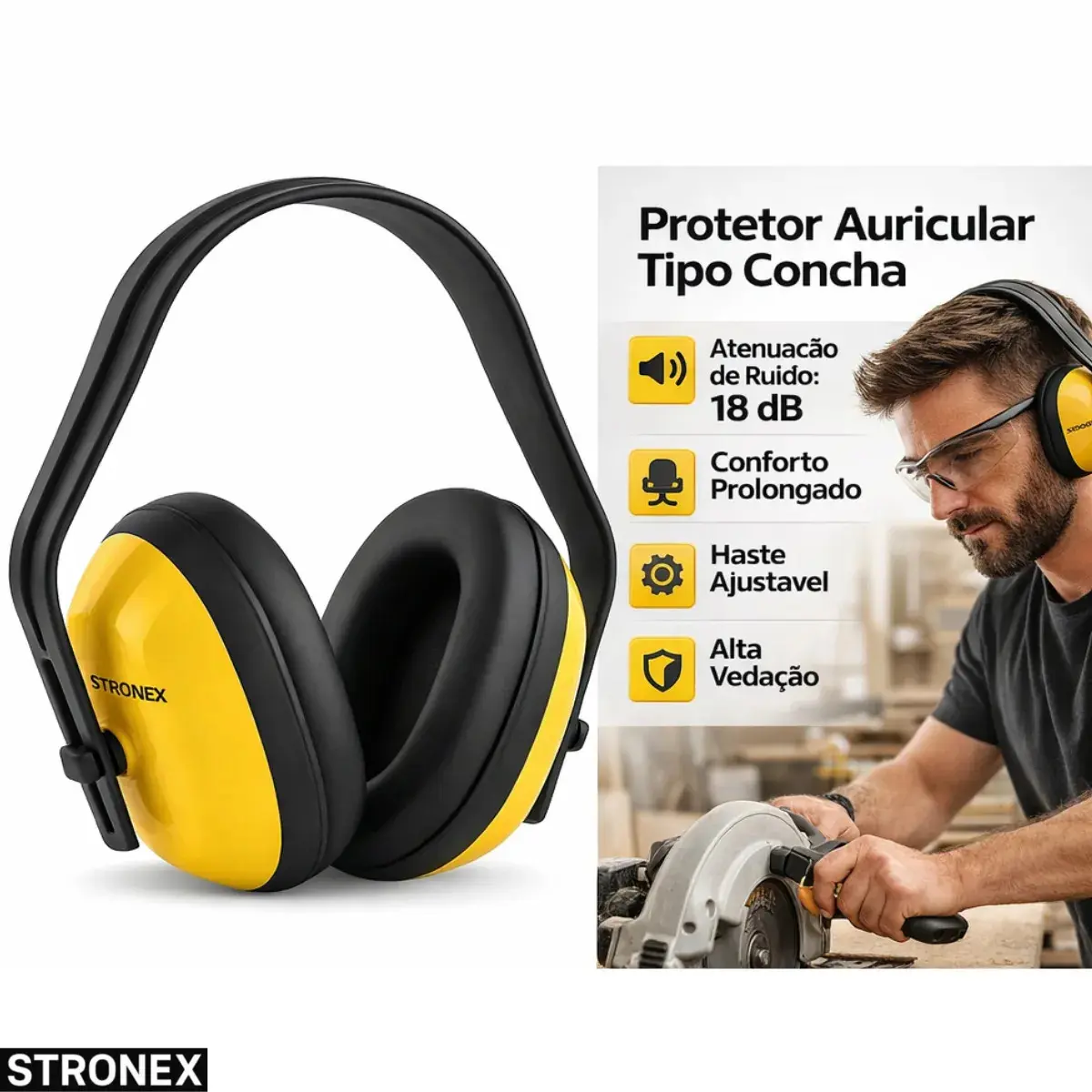 Protetor Auricular Abafador De Ouvido Tipo Concha Adulto Ajustável Conforto Profissional Amarelo Stronex