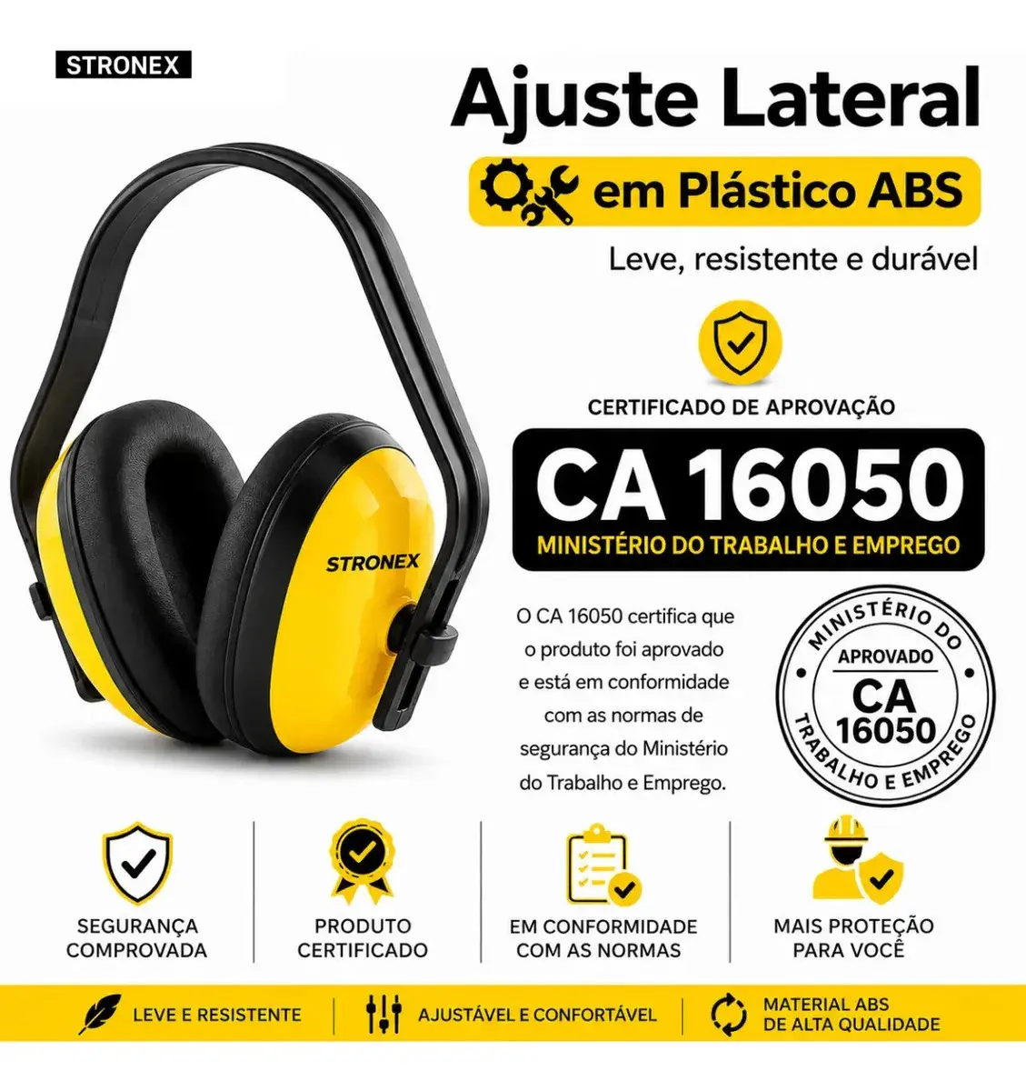 Protetor Auricular Abafador De Ouvido Tipo Concha Adulto Ajustável Conforto Profissional Amarelo Stronex thumbnail 2