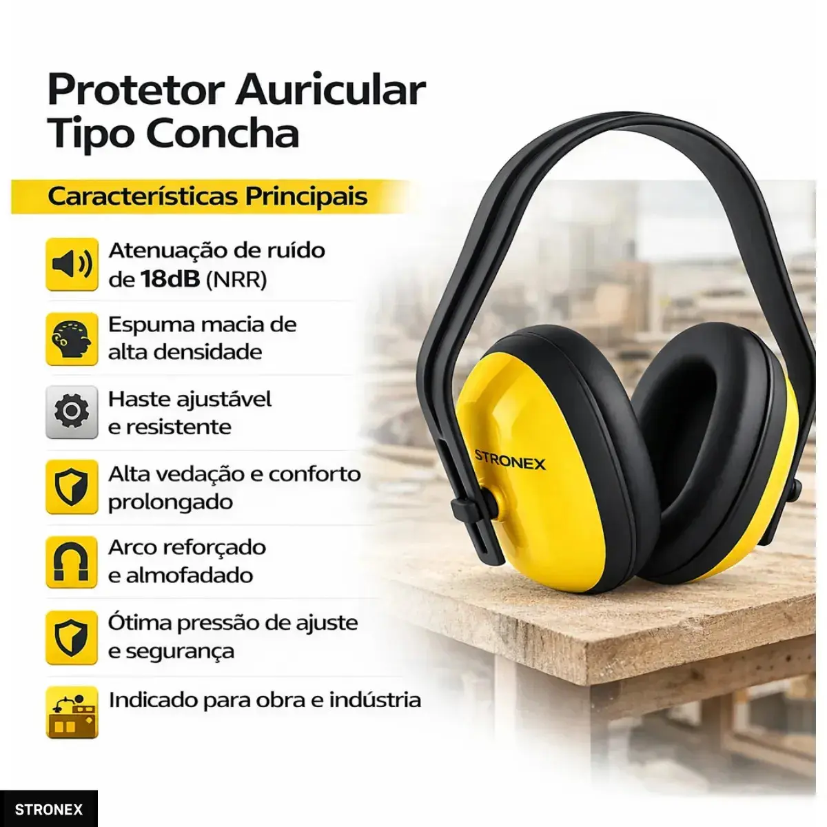 Protetor Auricular Abafador De Ouvido Tipo Concha Adulto Ajustável Conforto Profissional Amarelo Stronex thumbnail 3