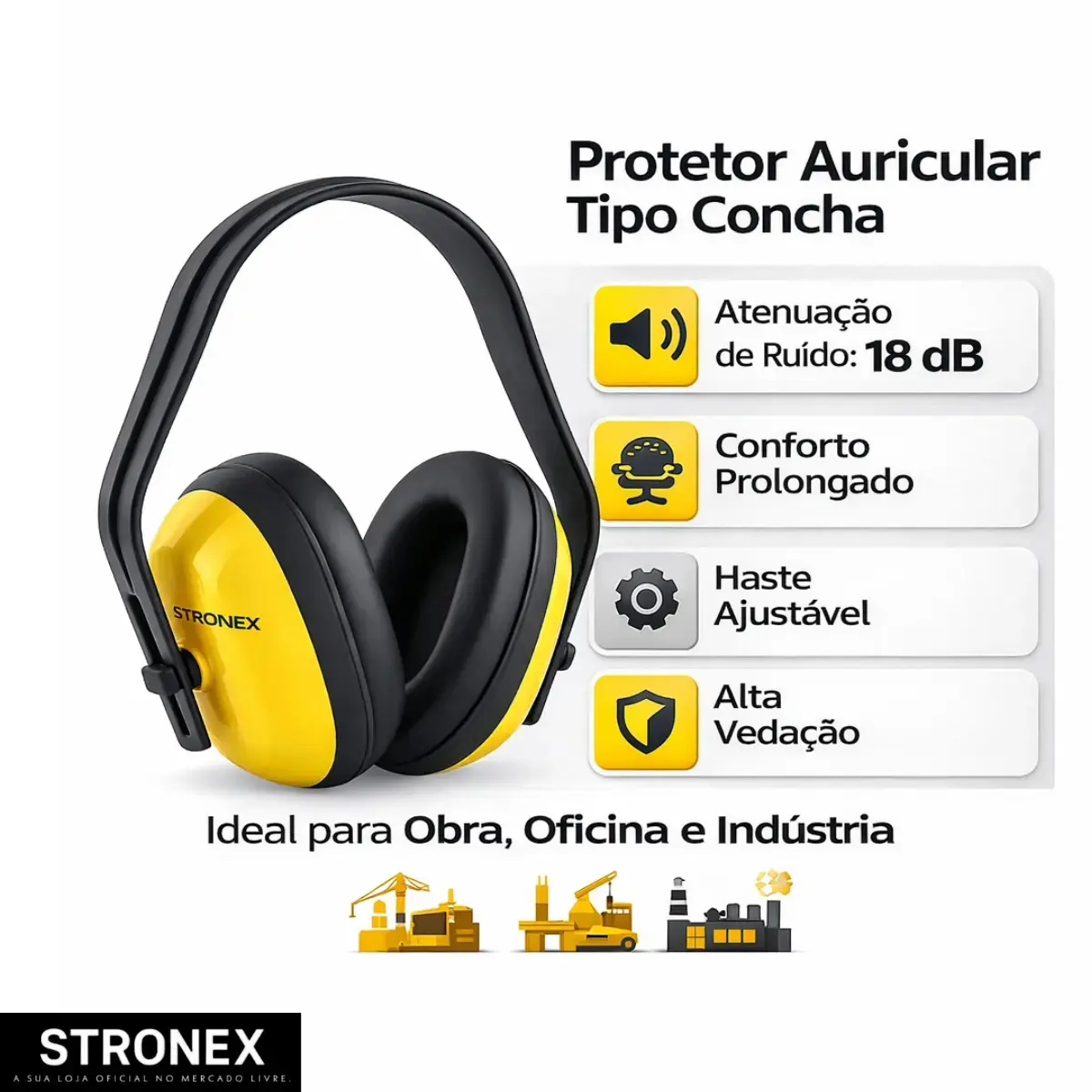 Protetor Auricular Abafador De Ouvido Tipo Concha Adulto Ajustável Conforto Profissional Amarelo Stronex thumbnail 5