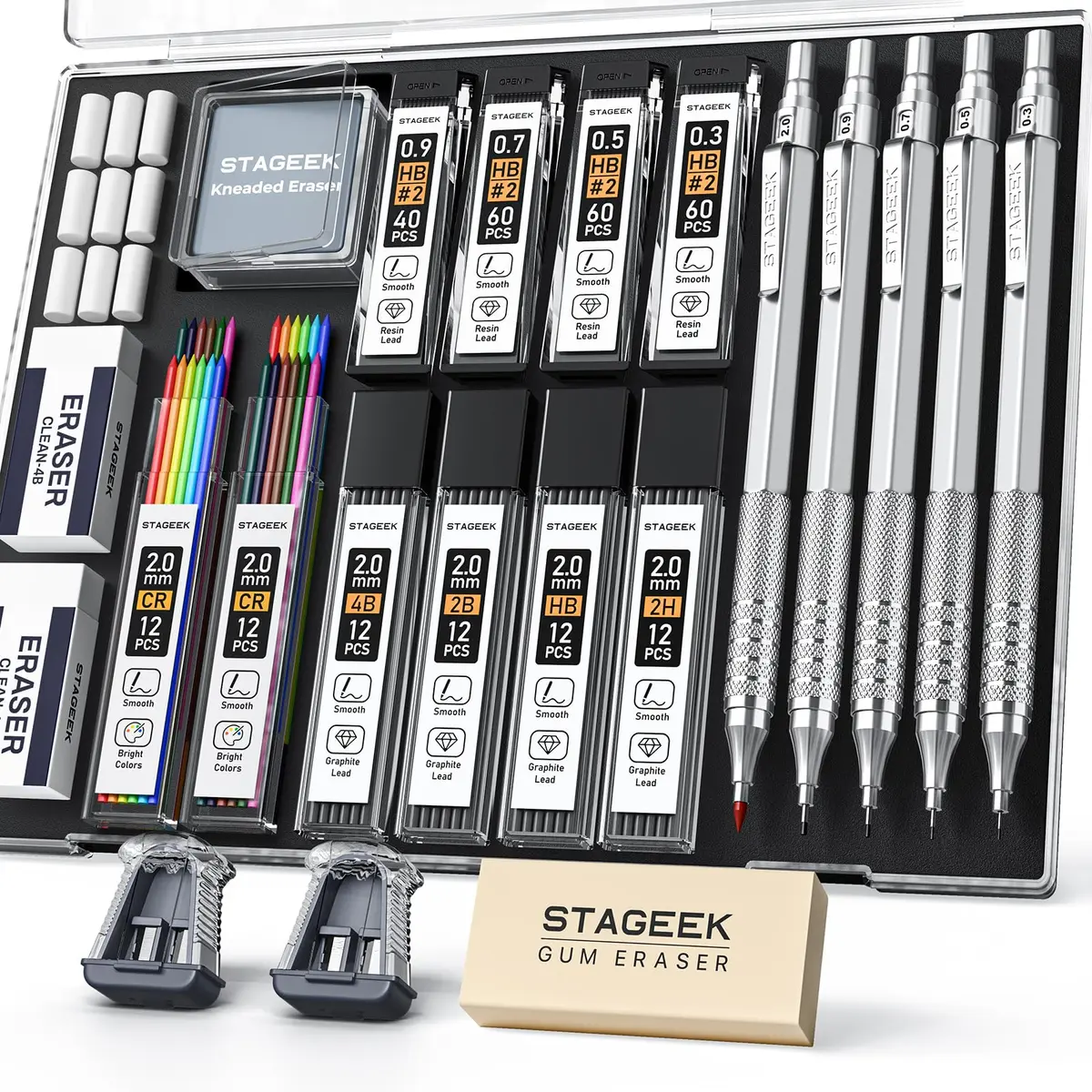 STAGEEK Conjunto de lapiseiras metálicas de 21 peças, lápis de grafite artístico 0,3, 0,5, 0,7, 0,9, suporte de 2 mm (cor HB 2H 2B 4B) com 10 tubos de grafite refis de borracha com estojo para esboços