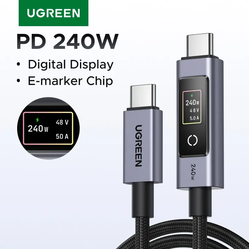 Cabo USB-C UGREEN PD240W com Display Digital, Cabo de Carregamento Inteligente para Laptop HP Dell MacBook iPhone Duo 18/17 Samsung S26/25 iPad