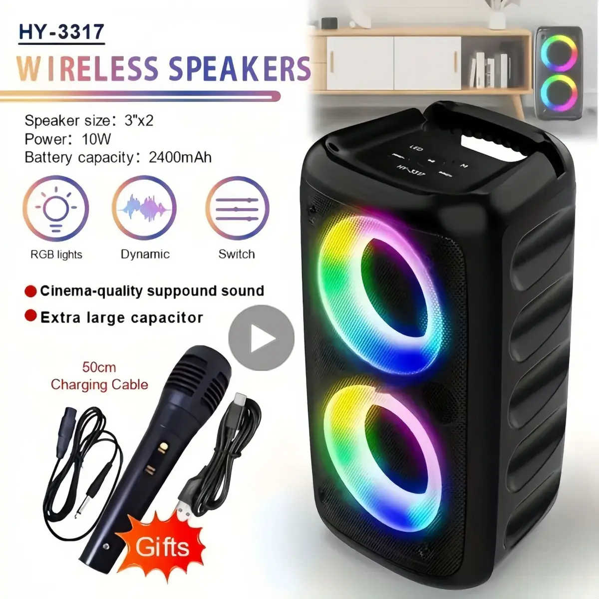 Karaokê rádio fm bluetooth alto-falante portátil sem fio com microfone lâmpada máquina caixa de som caixa de som música subwoofer led tws - 1