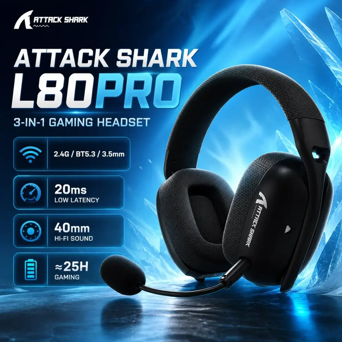 ATTACK SHARK L80PRO Headset Gamer Sem Fio com Microfone