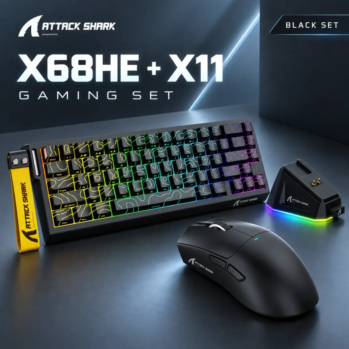 Conjunto de jogos ATTACK SHARK X68HE & X11, teclado magnético RT de 8000 Hz e 0,01 mm, rato sem fios com três modos de conexão e base de carregamento. - 1