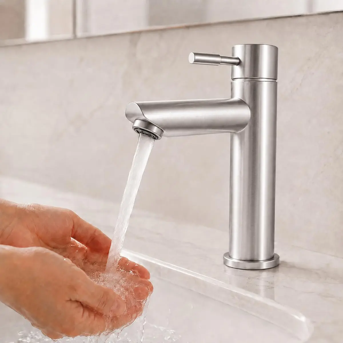 Torneira para Banheiro de Bancada em Aço Inox com Arejador, Acionamento Lateral, Instalação G 1/2, Design Moderno para Lavatório (Prata)