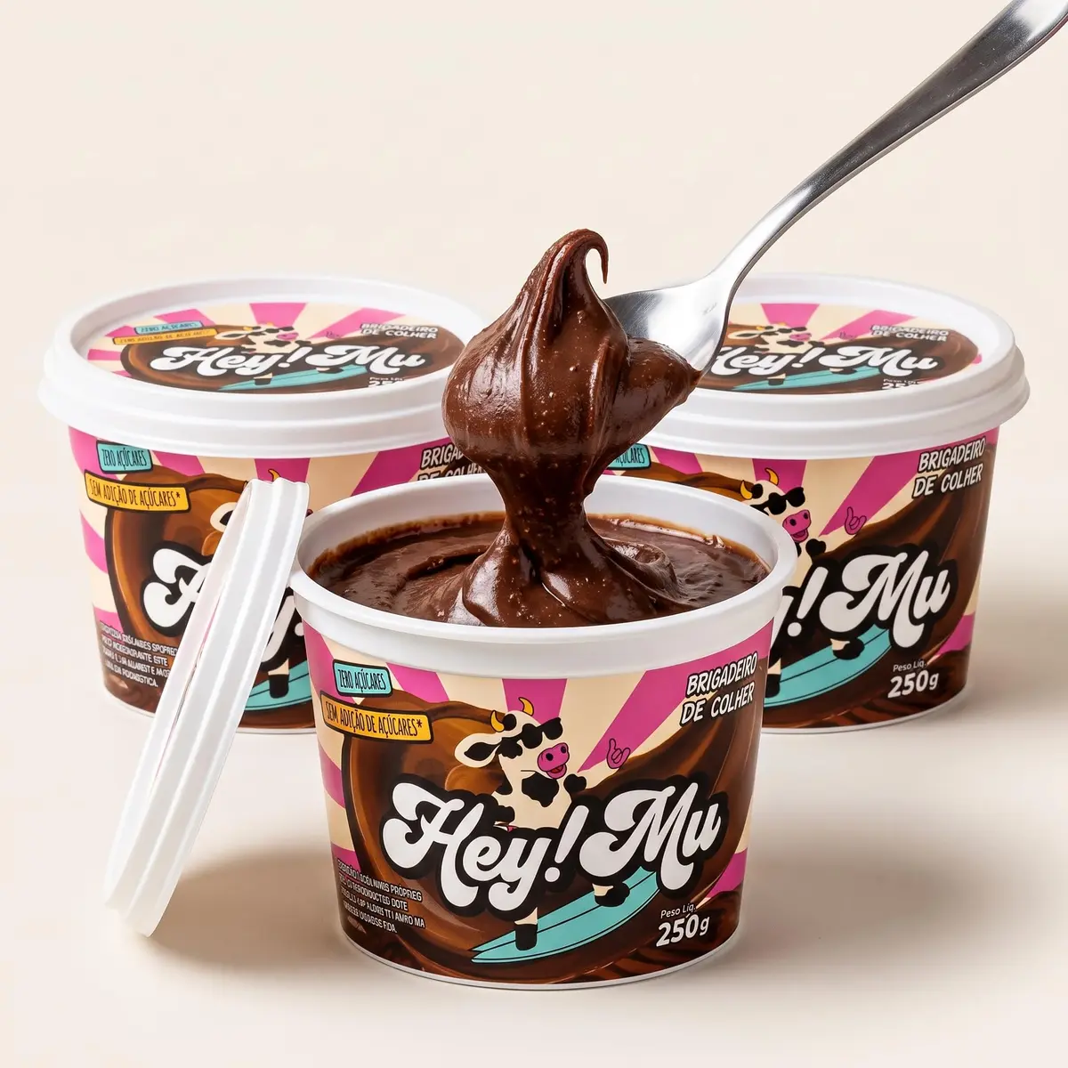 Hey Mu Brigadeiro de Colher Zero Lactose Sem Adição de Açúcar Kit 3x 250g | Base láctea com cacau e 34 kcal por porção de 20g, textura densa para sobremesas fit, consumo diário e recheios saudáveis