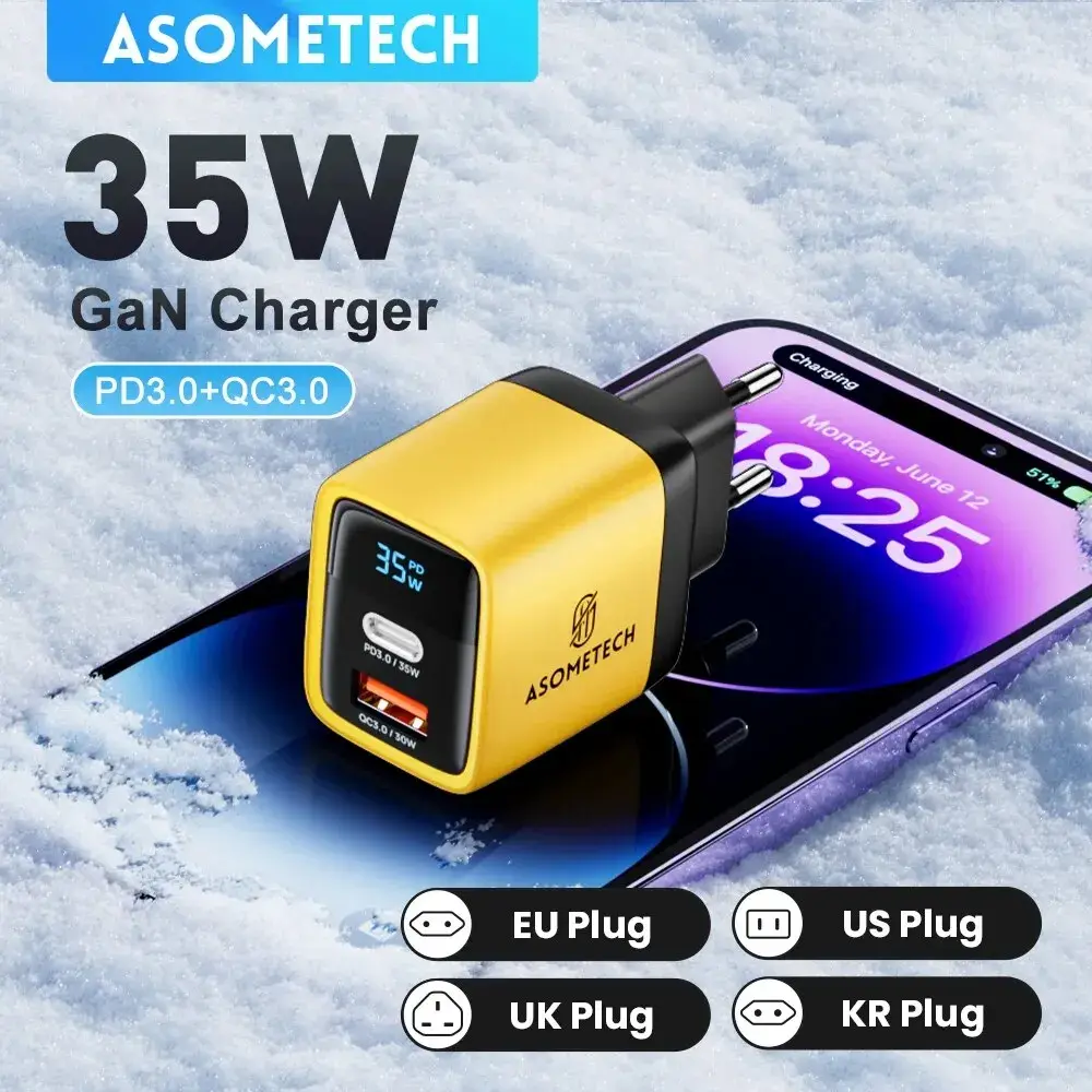 Asometech 35w gan carregador display led qc3.0 30w 25 pd pps carga rápida usb tipo c carregador para iphone 14 pro samsung s23 xiaomi
