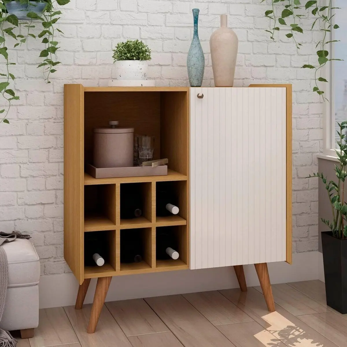 Balcão Adega 100% Mdf Molduras em Ângulo 45° Pés em Madeira Maciça Cinamomo/White - 1