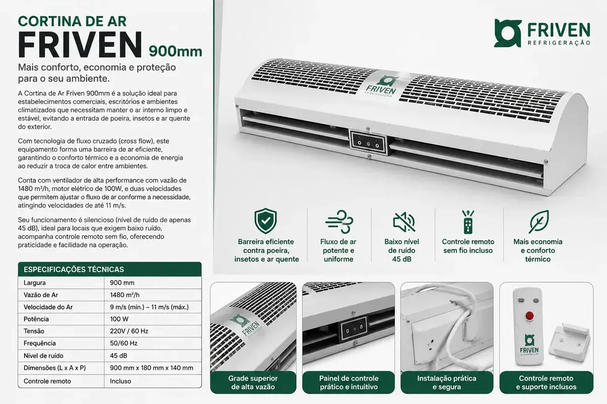 Cortina De Ar 90cm C/ Controle Remoto 3 Fluxos De Ar- Friven Branco