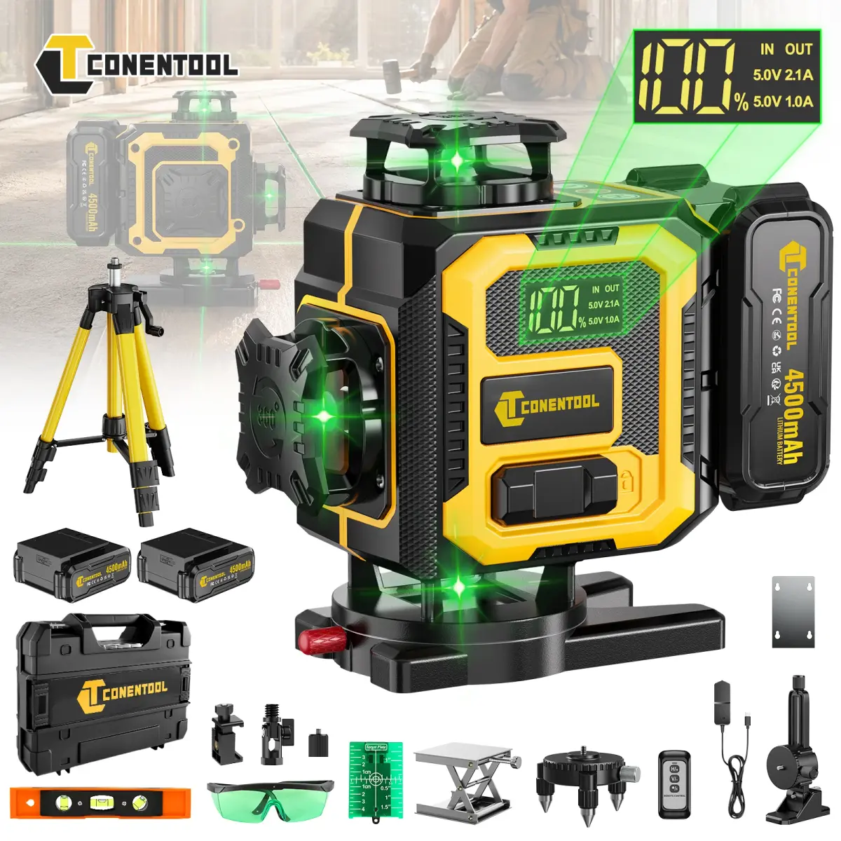 Nível a Laser 4D CONENTOOL 16 Linhas com Auto Nivelamento, Laser de Linha Cruzada Horizontal e Vertical com Tripé, Ferramenta de Medição de Alta Potência