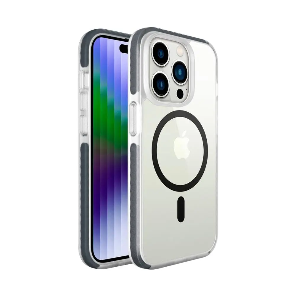 Geonav Capa protetora Impact Pro iPhone 14 Pro, TPU flexível nas extremidades, Compatível com o sistema de imãs MagSafe®, IPI14PSG, Transparente/Cinza Escuro