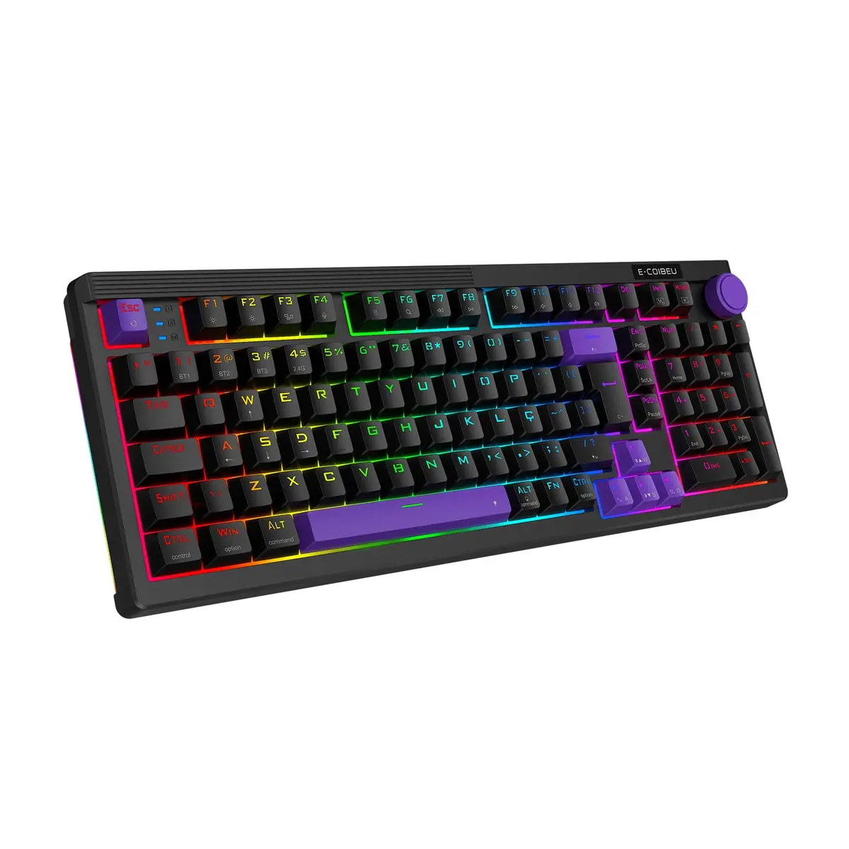 Teclado Mecânico Sem Fio 101 Teclas, RGB, Bluetooth e 2.4G | 101 teclas, conexão Bluetooth, 2.4G e Type-C, iluminação RGB com 15+ modos, switch mecânico e design ergonômico.